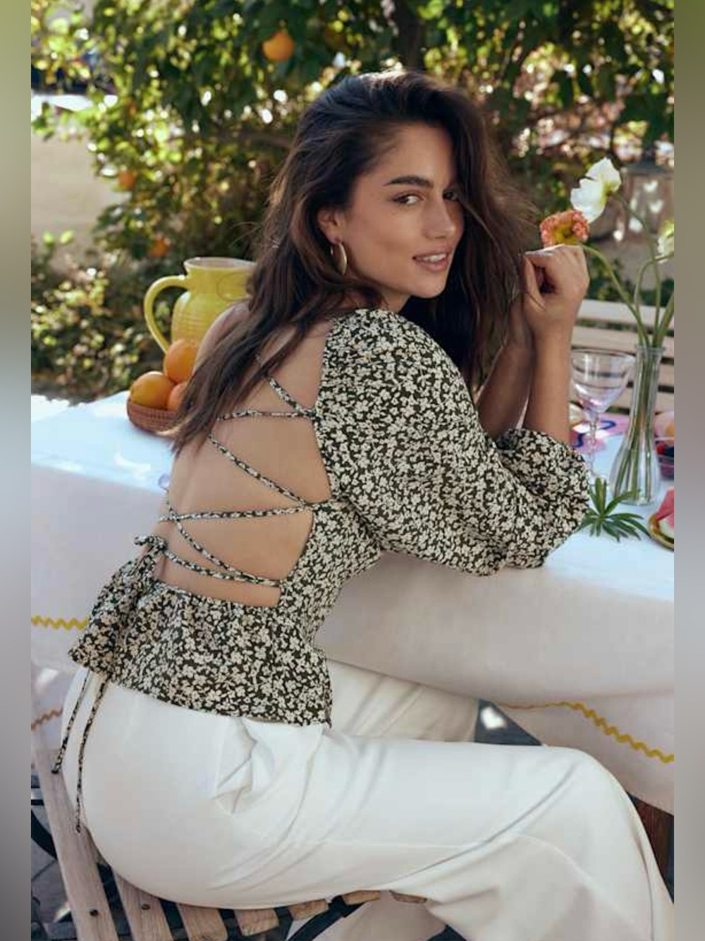 Lulu's Seasonal Blossom Green Floral Lace-Up Puff Sleeve Peplum Top